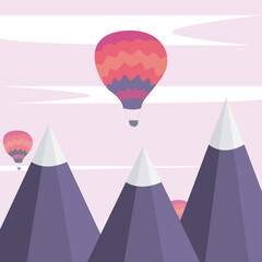 Vector flat illustrations of mountains and hot air balloon