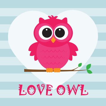 Cute little owl in love with text on blue background cartoon vector illustration