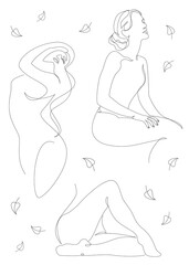 Group. Silhouettes of a figure of a girl and a leaf of a plant in a modern one line style. Continuous line drawing, aesthetic outline for home decor, posters, stickers, logo. Vector illustration set.