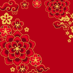 Naklejka premium Happy Chinese New Year greeting card. Background with oriental symbols.