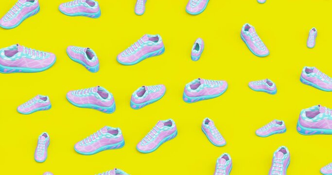 Creative Minimal 3d art. Stylish sneakers in abstract space.Trendy colors mixed. Perfect background for music. 4k seamless loop video. 