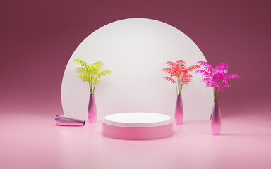 Abstract geometric shape pastel pink  color minimalistic scene with podium, vase and colored flowers. Design for cosmetic or product identity and packaging display background.3d render,3D illustration