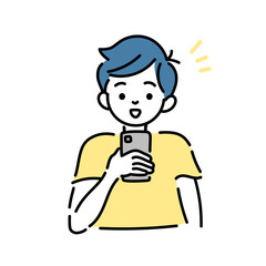 携帯電話を見ている男の子のイラスト