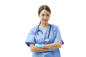 Medium close up portrait of Asian female doctor or nurse wearing gloves cross her arm and look at the camera stand isolated on white background with copy space. Concept of Health care hero. - Powered by Adobe