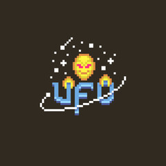 Fototapeta premium colorful simple flat pixel art illustration of a smiling alien holding the abbreviation UFO