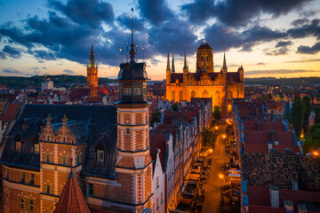 Amazing architecture of the main city in Gdansk at sunset, Poland. Aerial view of the Long Market,...