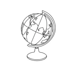 Doodle vector hand drawn globe. Geography lesson, geographic model, back to school, sphere, travel icon. Design element isolated for typography and digital use.