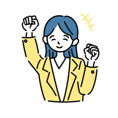手をあげて喜ぶ元気な女性のイラスト