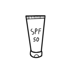 Doodle vector hand drawn sunscreen cream. Sun burn, sun protection, summer items, vacation, beach, skin care, sunbathing. Design element isolated for typography and digital use.