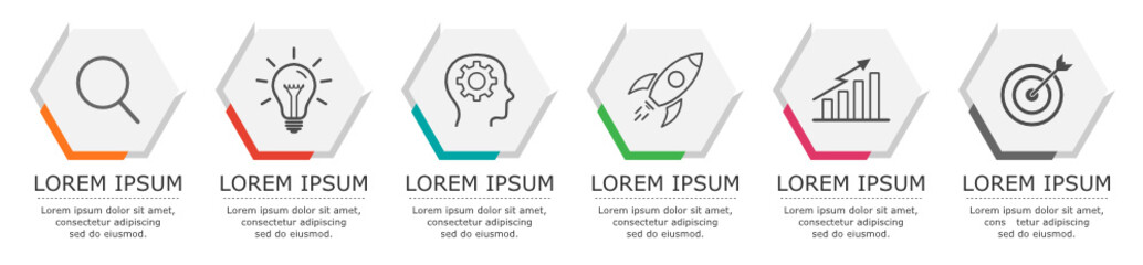Business infographic Vector with 6 steps. Used for presentation,information,education,connection,marketing, project,strategy,technology,learn,brainstorm,creative,growth,abstract,stairs,idea,text,work.