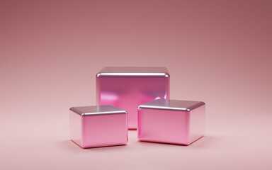 Pinck cubes podium with reflective pink border and silver square on blue background. Abstract minimal studio 3d geometric shape object. Mockup space for display of product design. 3d rendering.