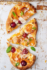  Sweet pie pizza or fruit focaccia with  cherry , apricot ,cream cheese,  and mint