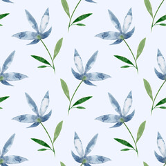 Сute and delicate seamless pattern, blue-gray flowers on a gentle blue background. Spring watercolor pattern for fabric, paper, bedding, etc.