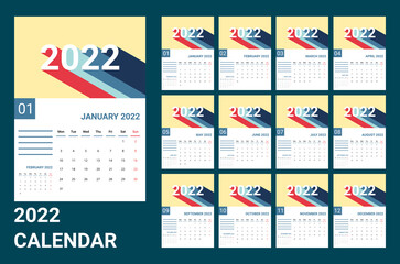 vector of calendar 2022.2022 wall calender with retro design. calendar template with sunday as weekend and week start on monday. set of 12 month template. good for planner, daily log, schedule, etc.