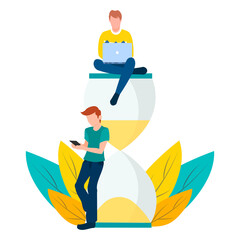 Vector illustration of a man and an hourglass. Time is money. Freelance