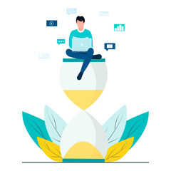 Vector illustration of a man and an hourglass. Time is money. Freelance