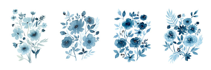 Abstract Blue and White Flower Collection Clip Art Watercolor Painting Hand Drawn and Painted, Isolated on White Background
