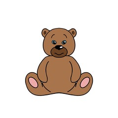 A colorful cartoon brown bear, a toy, sitting alone, on a white background. Label, Children's book, Brochure, Booklet, Flyer, Cover, Poster, Banner, Packaging, Presentation, Printing, Advertising