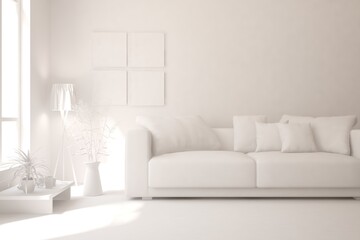 White minimalist living room with sofa. Scandinavian interior design. 3D illustration