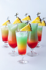 Close up view of several refreshing colourful mocktails ready for drinking