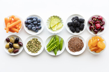 Rows of raw healthy ingredients in small dishes.