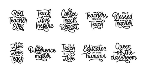 Teacher hand drawn calligraphy quote collection. School related typography for prints, posters, t-shirt and mug designs, stickers. Teacher gift lettering set. Vector vintage illustration. - obrazy, fototapety, plakaty