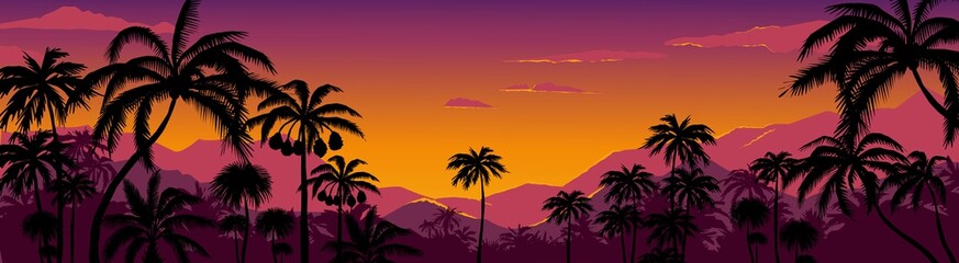 Fototapeta na wymiar Palm tree silhouette background. California sunset landscape with exotic plants on horizon. Tropical forest and mountains. Scenic night sky. Nature panorama. Vector hot coast wallpaper