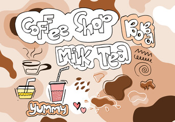 Bubble milk tea Special Promotions design, Boba milk tea, Pearl milk tea , Yummy drinks, coffees and soft drinks with logo and doodle style advertisement banner. Vector illustration.