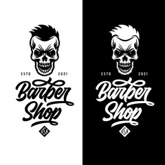 Barber shop badge, label, emblem. Skull with hair. Barbershop logo template t-shirt design. Vector vintage illustration.