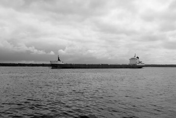 A large ship on a river