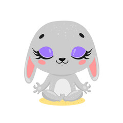 Vector flat cute cartoon doodle bunny meditation. Forest animals meditate. Animals yoga