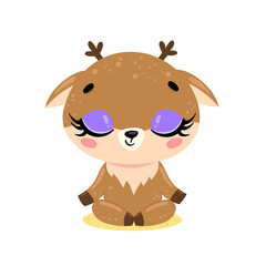 flat cute cartoon doodle deer meditation. Forest animals meditate. Animals yoga