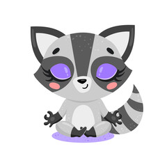 Vector flat cute cartoon doodle raccoon meditation. Forest animals meditate. Animals yoga