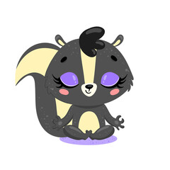 Vector flat cute cartoon doodle skunk meditation. Forest animals meditate. Animals yoga