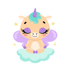 Vector flat cute cartoon doodle unicorn meditation. Magic animals meditate. Animals yoga