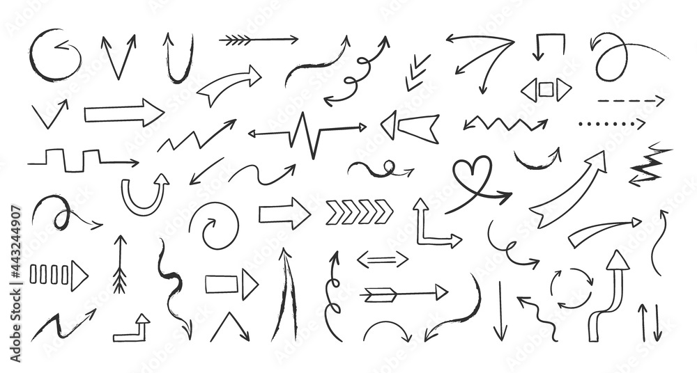 Poster doodle arrows. hand drawn grunge marker brush. freehand artistic creative sketch. isolated black pen