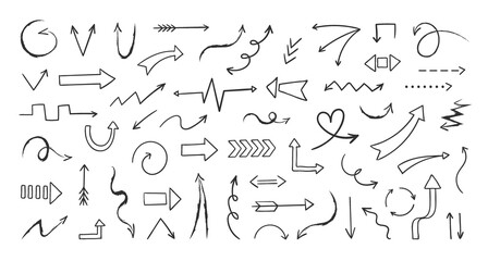 Fototapeta na wymiar Doodle arrows. Hand drawn grunge marker brush. Freehand artistic creative sketch. Isolated black pencil scribble signs. Outline direction icons set. Vector minimalistic route pointers