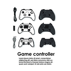 gamer work space concept, top view a gaming gear, mouse, keyboard, joystick, headset on white background