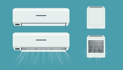 Air conditioner and breather. Cold flow from climate control equipment. Office and home purifier with cool breeze. Household conditioning appliances set. Vector indoor split system