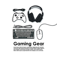 gamer work space concept, top view a gaming gear, mouse, keyboard, joystick, headset on white background