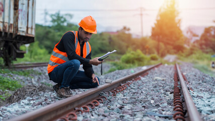 worker on a site. engineer sitting on railway inspection. construction worker on railways. Engineer...