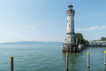 View to the lighthouse from Lindau at the harbor to the Bodensee.