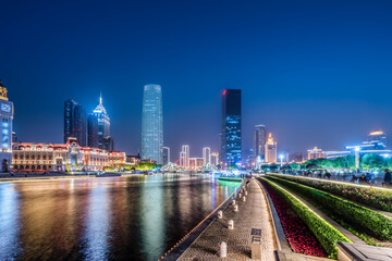 Naklejka premium Night view of urban architecture landscape in Tianjin, China
