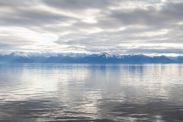 Sunset on mountains and sea in South East Alaska