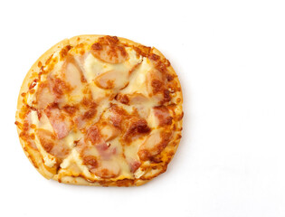 Bacon Ham pizza with a hot dog and cheese pizza isolated on white background, cut out, depth of field, Top View