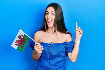 Young brunette teenager holding wales flag smiling with an idea or question pointing finger with happy face, number one