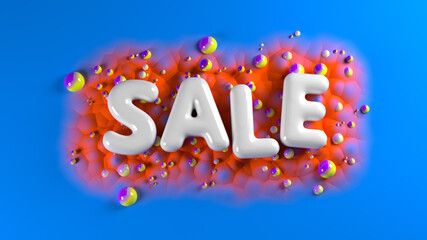 sale bright glossy letters on a blue abstract background with colorful spheres and mountains. 3d illustration