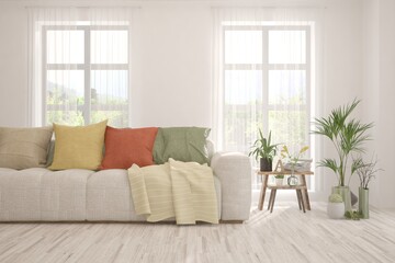Soft color living room with sofa. Scandinavian interior design. 3D illustration