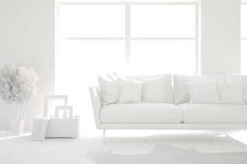 Mock up of stylish room in white color with sofa. Scandinavian interior design. 3D illustration