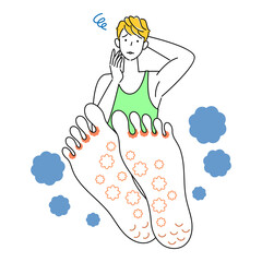 スキンケア 足が水虫になってしまい悲しんでいる可愛い男性 足裏のアップ イラスト ベクター